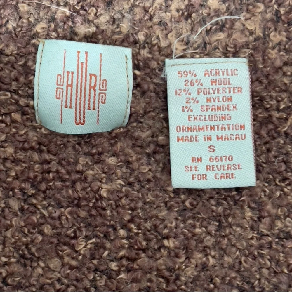 Anthropologie HWR Brown Boucle Knit Gold Velvet Trim Fitted Cardigan Sweater Sm - Picture 7 of 8